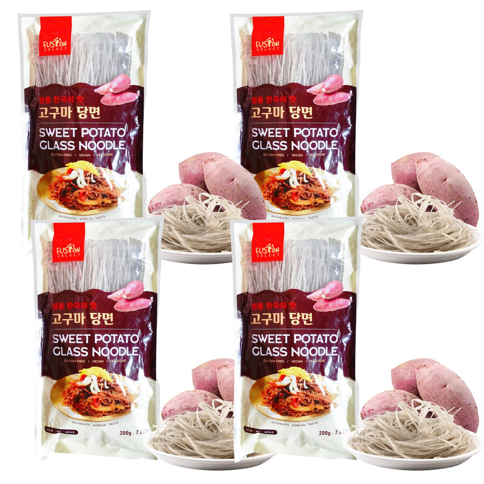 Fusion Select sweet potato glass noodles pack front, four-pack set, ideal for gluten-free dinners