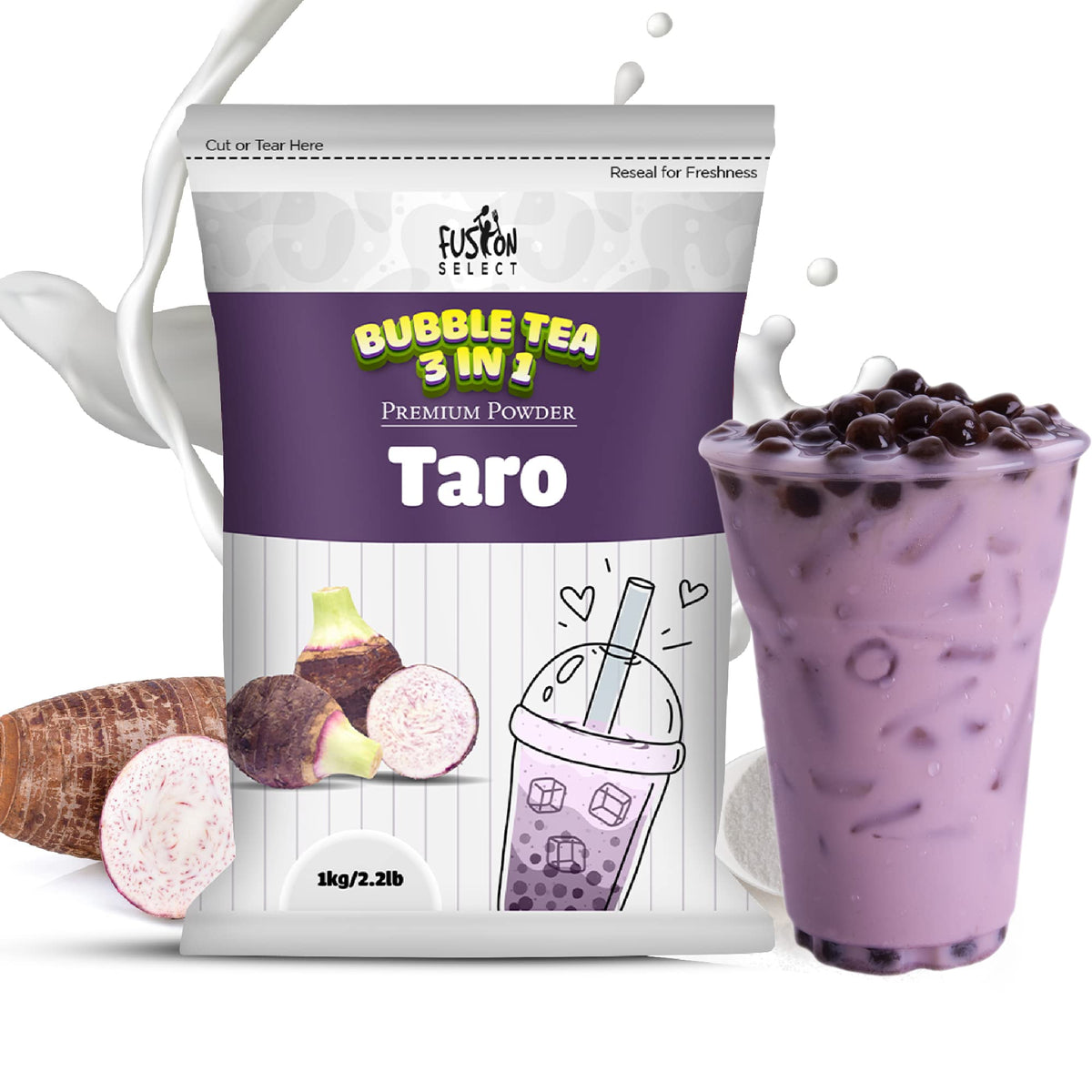 Fusion Select taro milk tea powder packaging shown for convenient all-in-one mix.