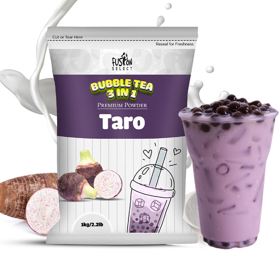 Fusion Select taro milk tea powder packaging shown for convenient all-in-one mix.