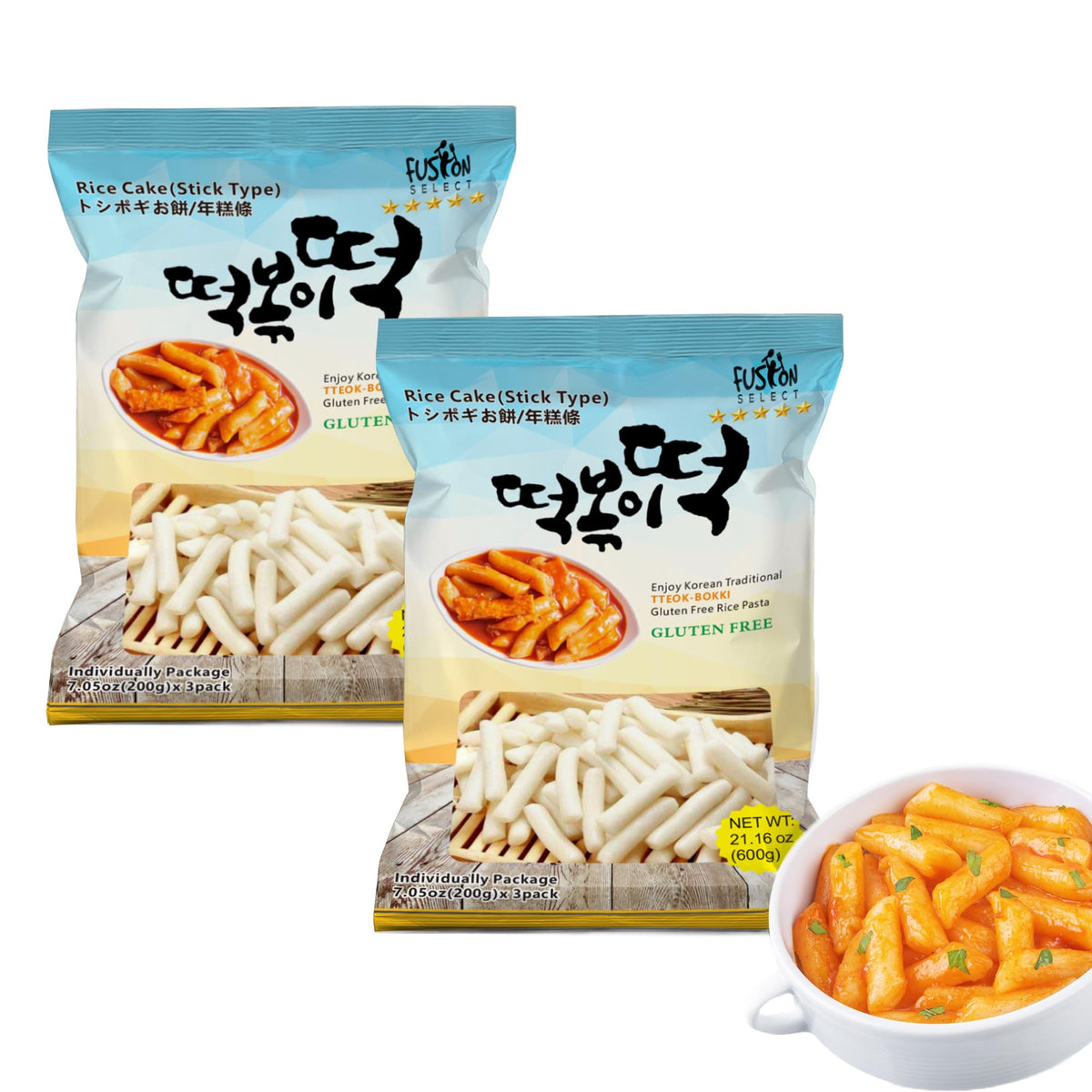 Fusion Select tteokbokki sticks gluten-free front pack showing authentic rice cake texture.