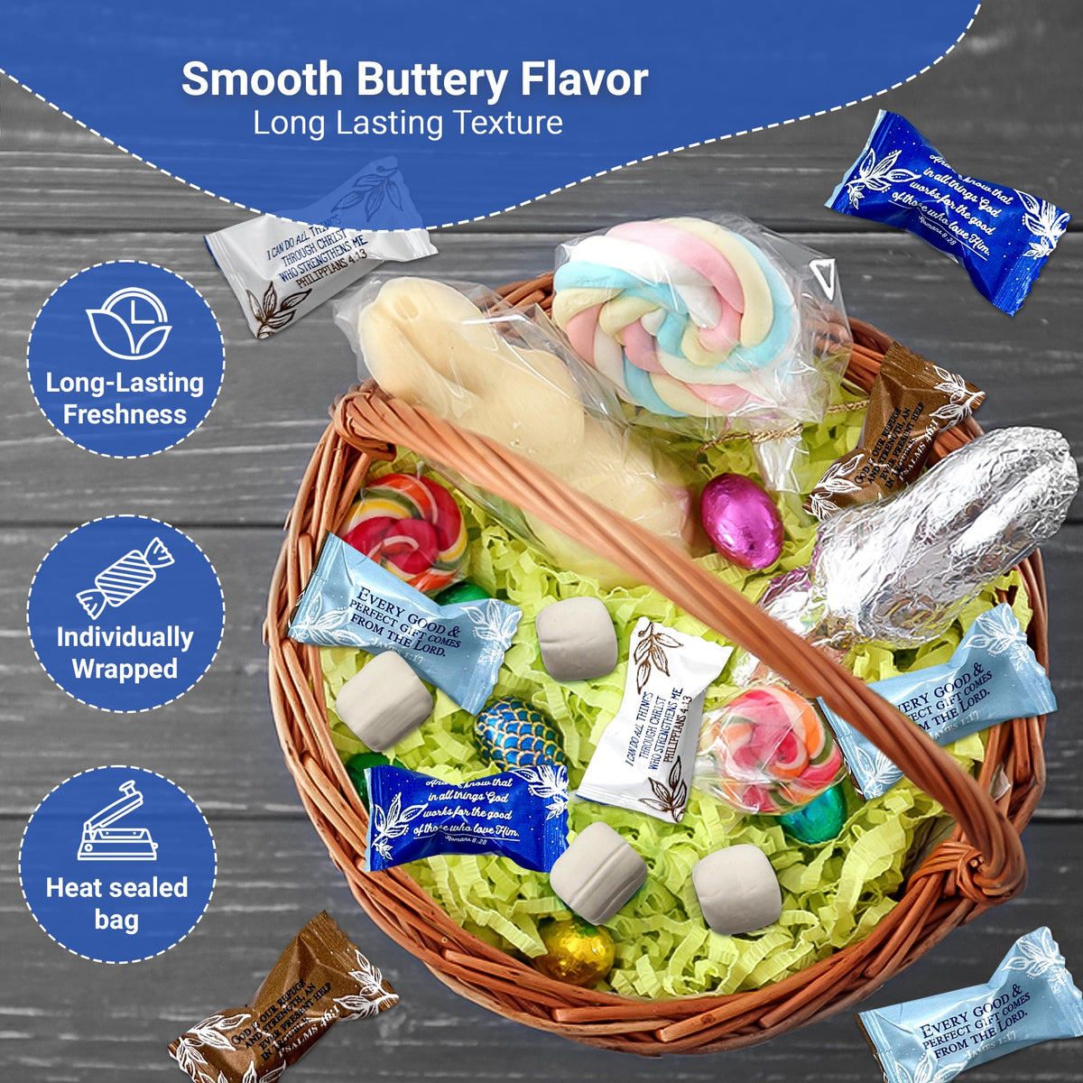 Fusion Sweets And Snacks Bible Verse Buttermints close-up reveals soft, creamy texture ideal for lingering after meals.