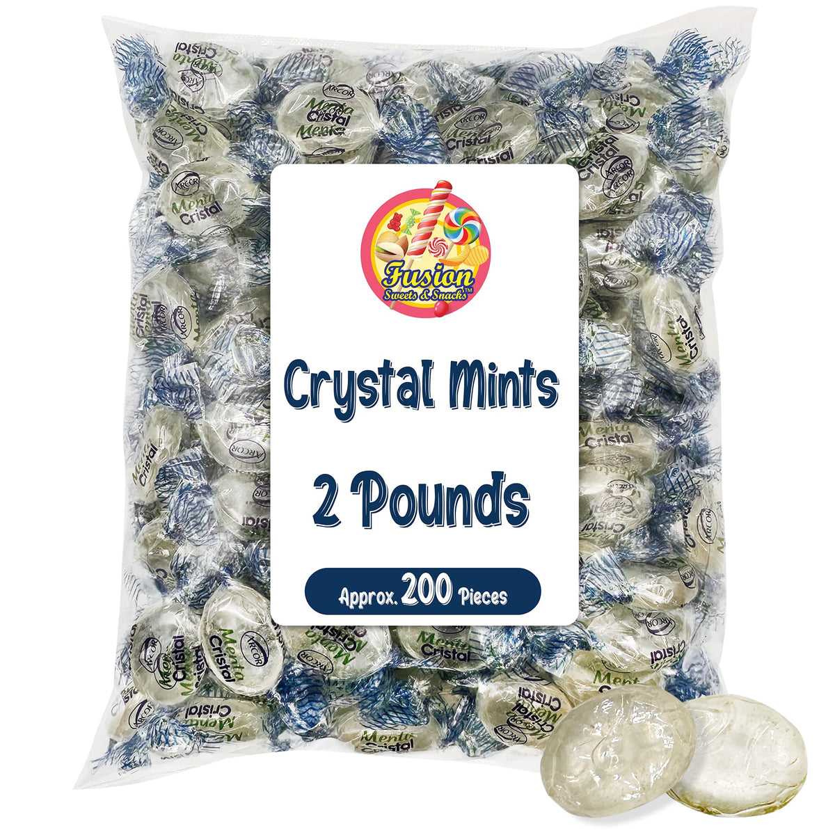 Close-up of Fusion Sweets And Snacks blue crystal mints with glassy, minty shine.