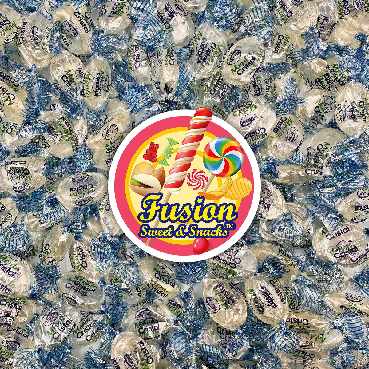 Fusion Sweets And Snacks blue crystal mints offering post-meal breath refresh.