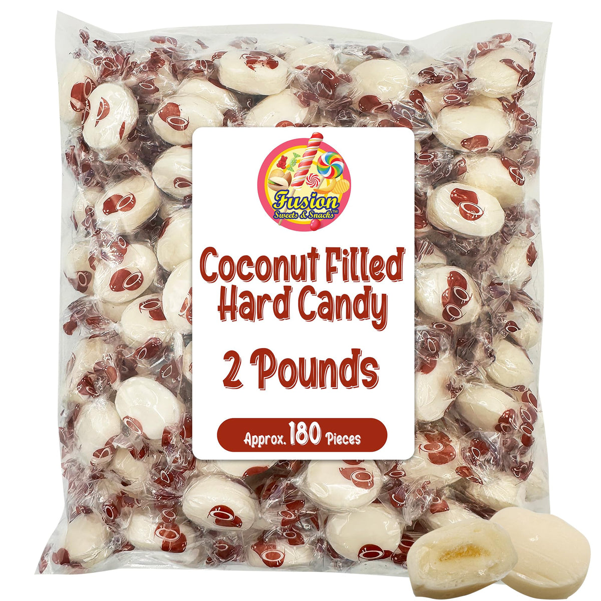 Fusion Sweets And Snacks coconut hard candy packaging closeup highlights hygienic individually wrapped pieces