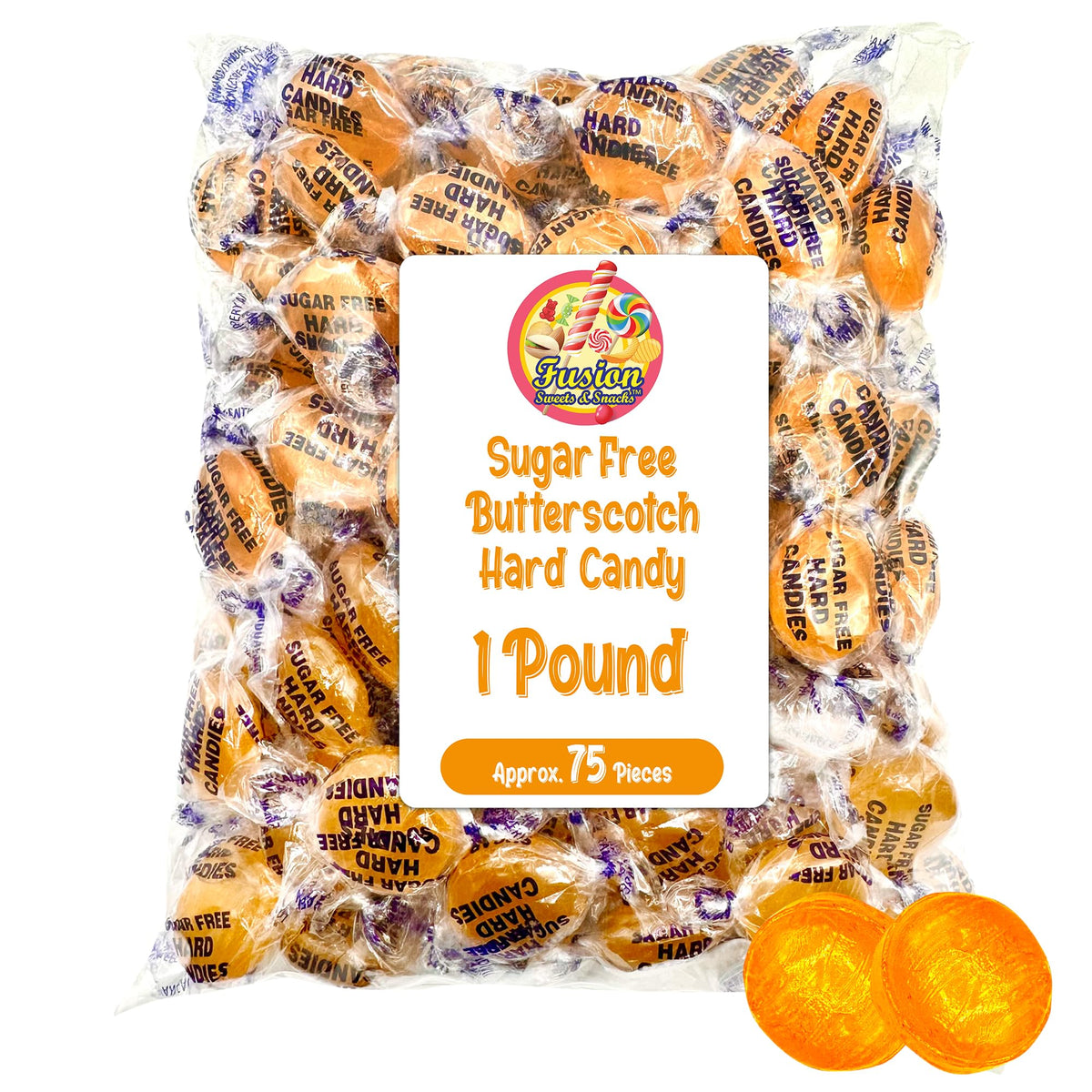 Fusion Sweets Arcor sugar-free butterscotch hard candy in 1lb bag, rich flavor without sugar