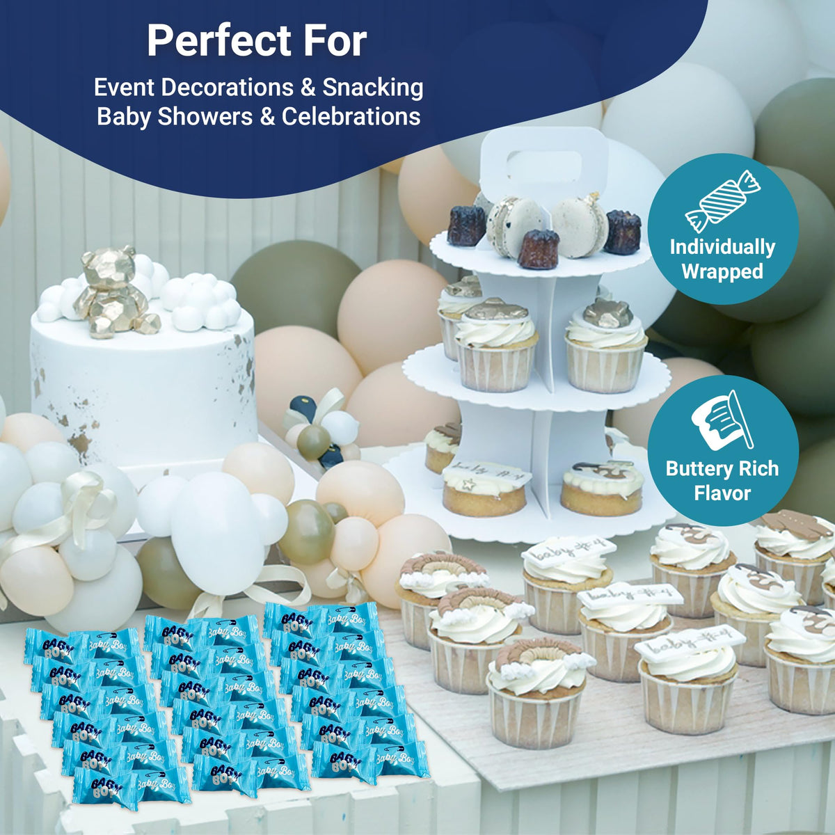Fusion Sweets Baby Boy Buttermints 100-count bag ideal for party favors.