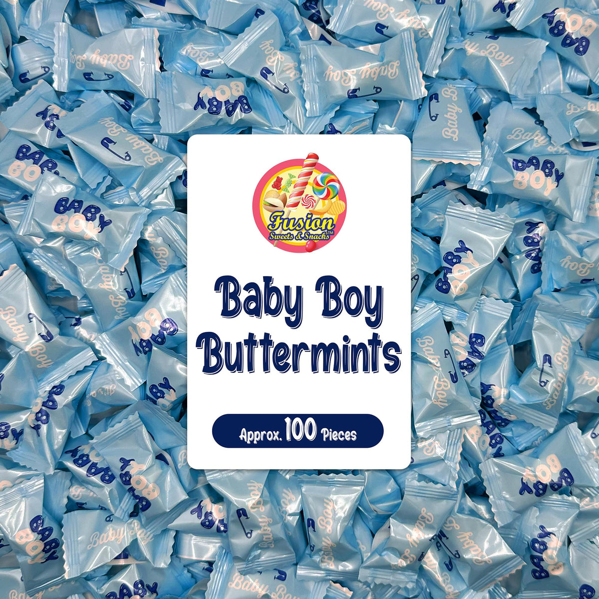 Fusion Sweets Baby Boy Buttermints in blue foil add elegant color to baby shower décor.
