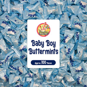 Fusion Sweets Baby Boy Buttermints in blue foil add elegant color to baby shower décor.