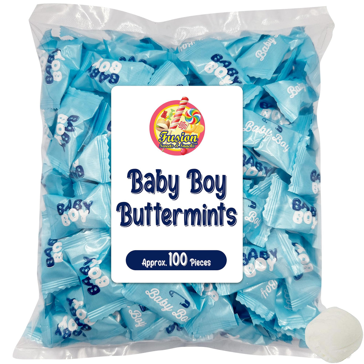 Fusion Sweets Baby Boy Buttermints – individually wrapped for freshness and easy sharing.
