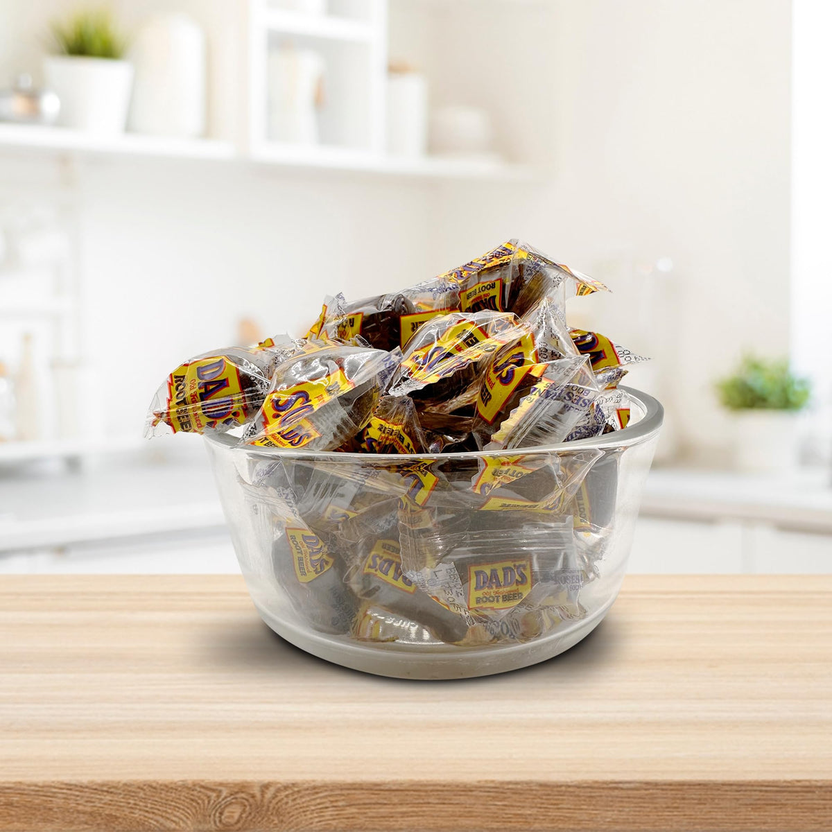 Dad's Root Beer Barrels in bowls and gift bags.