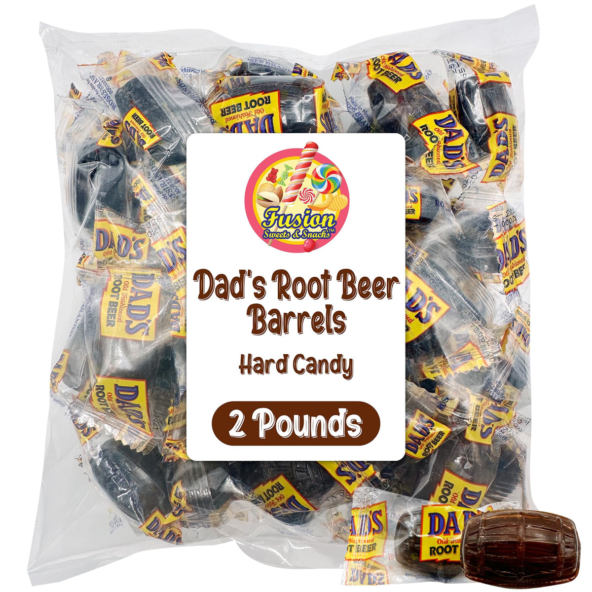 Fusion Sweets Dad's Root Beer Barrels individually wrapped pieces maintain freshness for sharing.