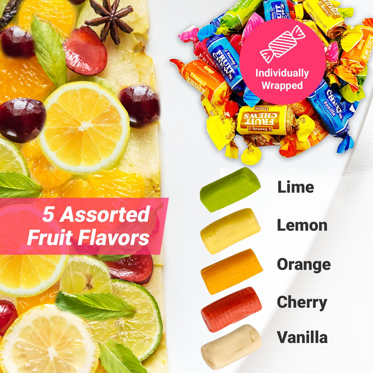 Fusion Sweets Fruit Chews rolls, assorted flavors, perfect for candy buffets