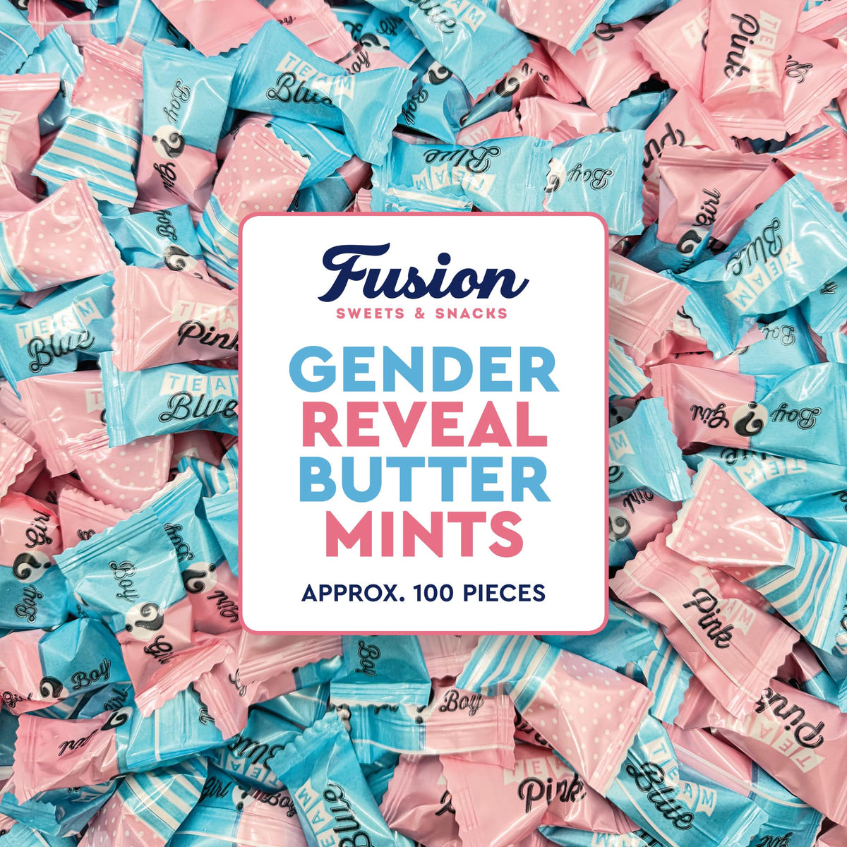 Fusion Sweets Gender Reveal Buttermints in 100-count packaging for guests