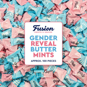 Fusion Sweets Gender Reveal Buttermints in 100-count packaging for guests
