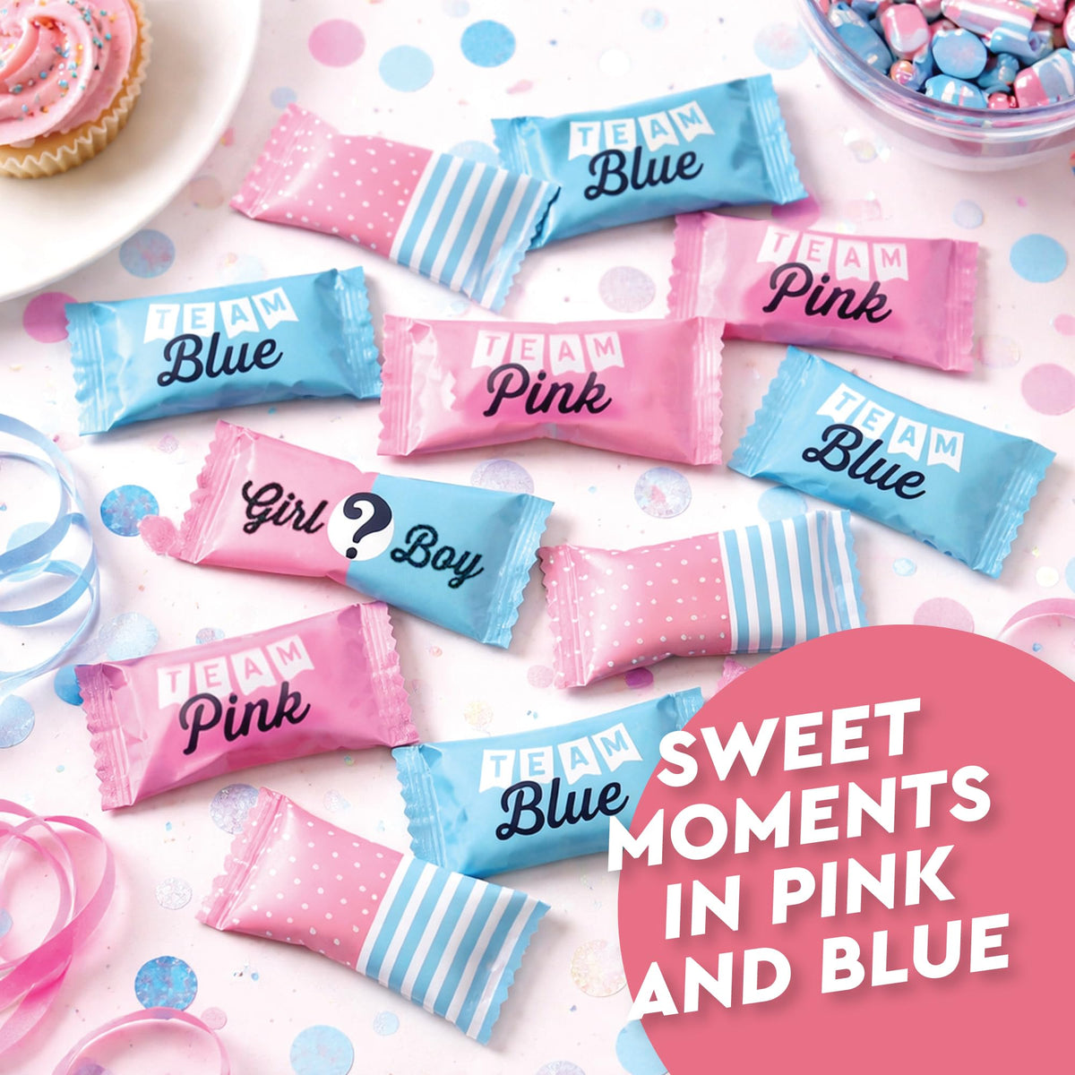 Gender reveal candy decor from Fusion Sweets on an elegant display