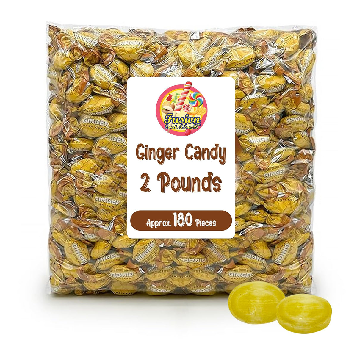 Fusion Sweets Ginger Candy 2lb bag, travel-friendly packaging for on-the-go relief.