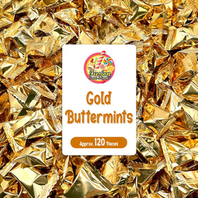 Fusion Sweets Gold Buttermints with gold wraps for elegant wedding favors.