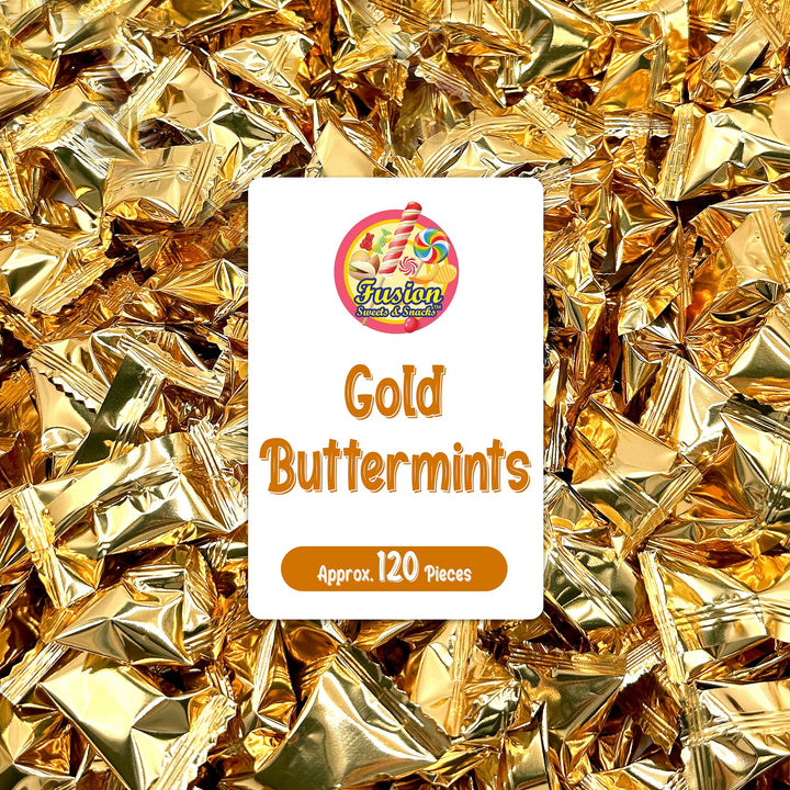 Fusion Sweets Gold Buttermints with gold wraps for elegant wedding favors.