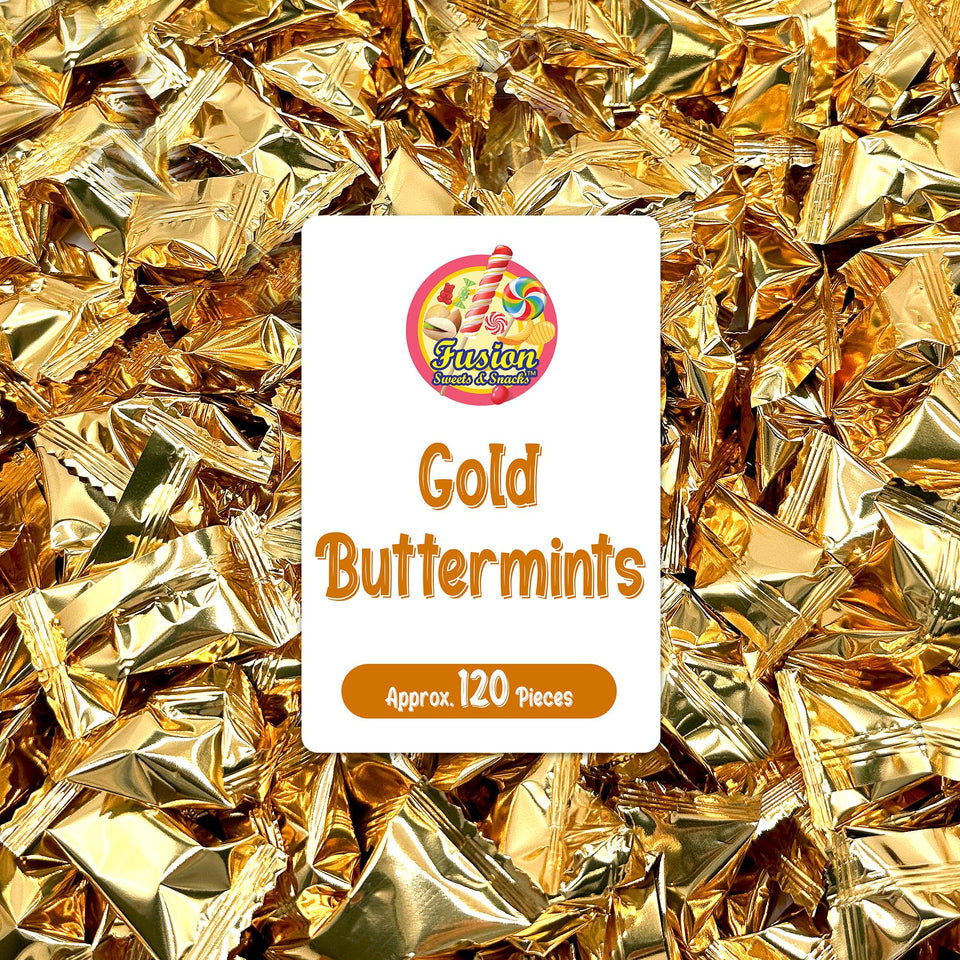 Fusion Sweets Gold Buttermints with gold wraps for elegant wedding favors.