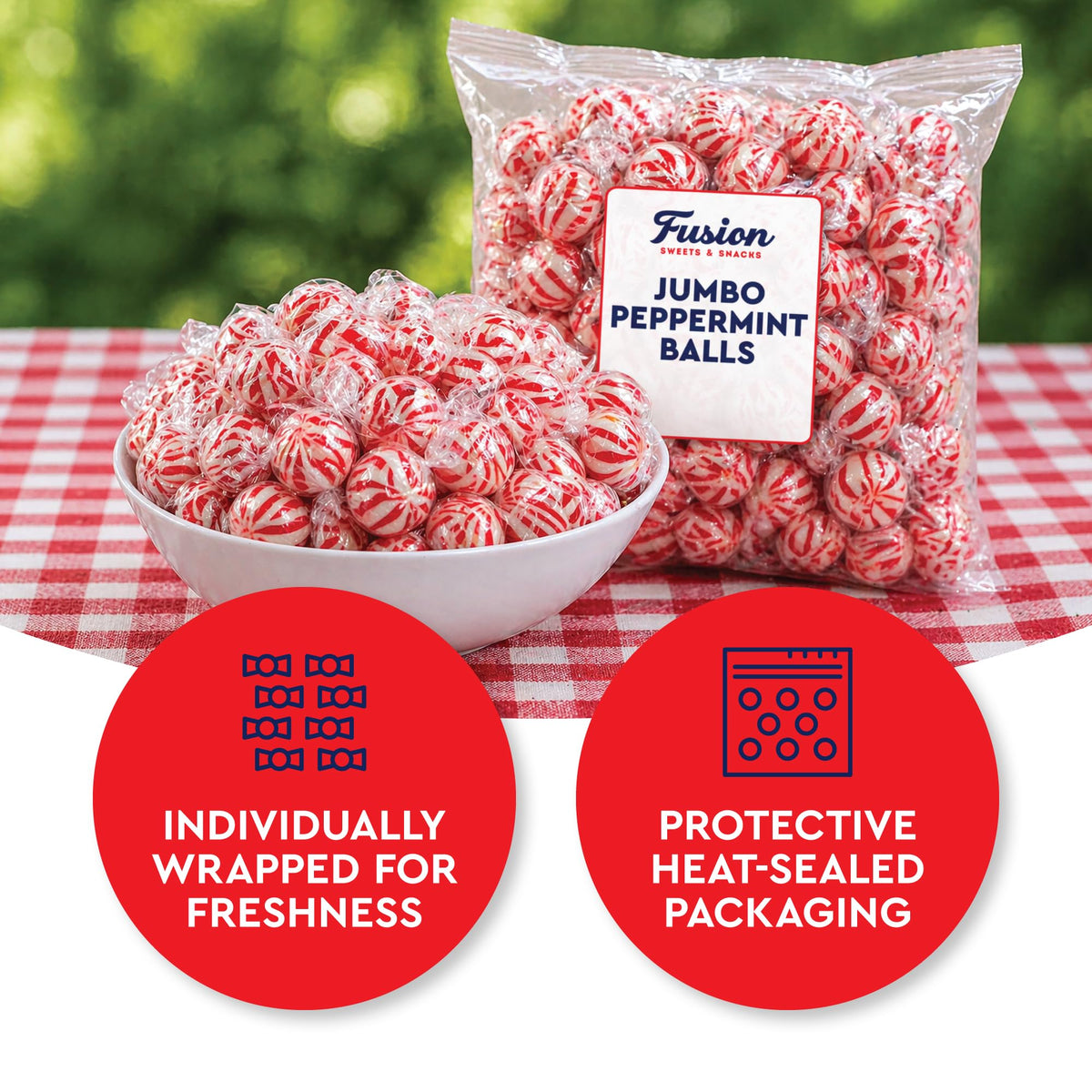 Fusion Sweets holiday peppermint balls on festive display