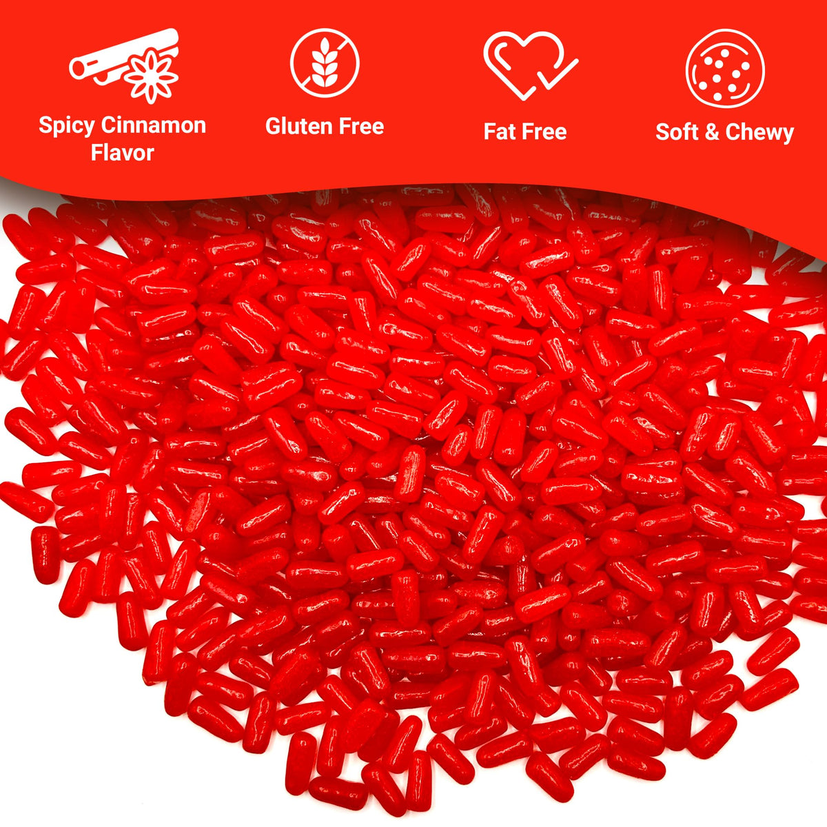 Fusion Sweets Hot Tamales Fierce bulk bag front highlights a vibrant red cinnamon candy display.