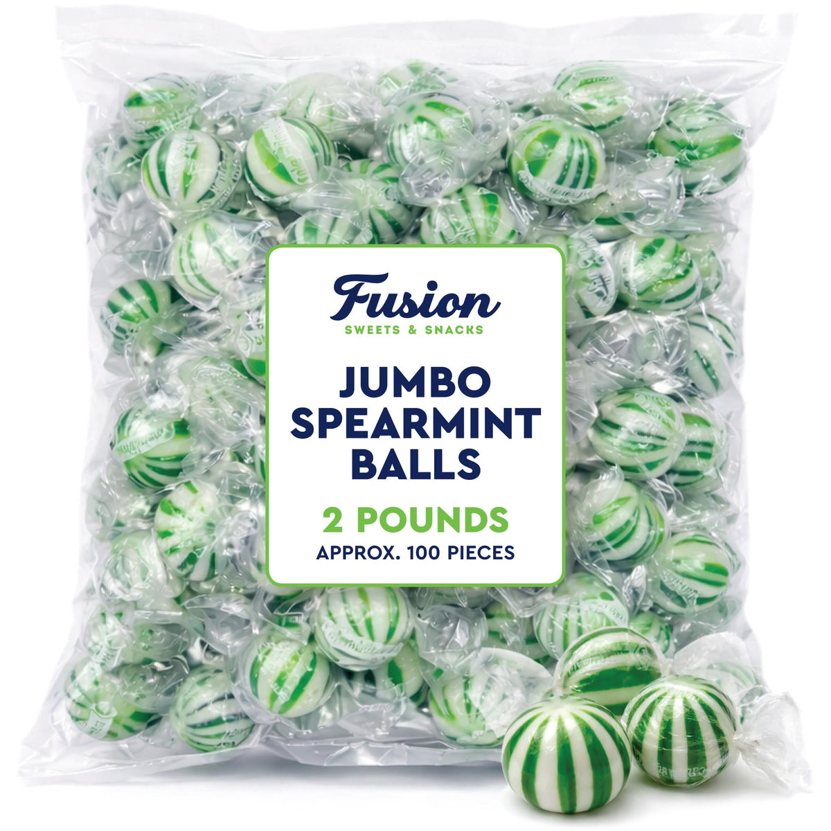 Fusion Sweets jumbo spearmint balls close-up reveals crisp texture and vibrant green-white color.