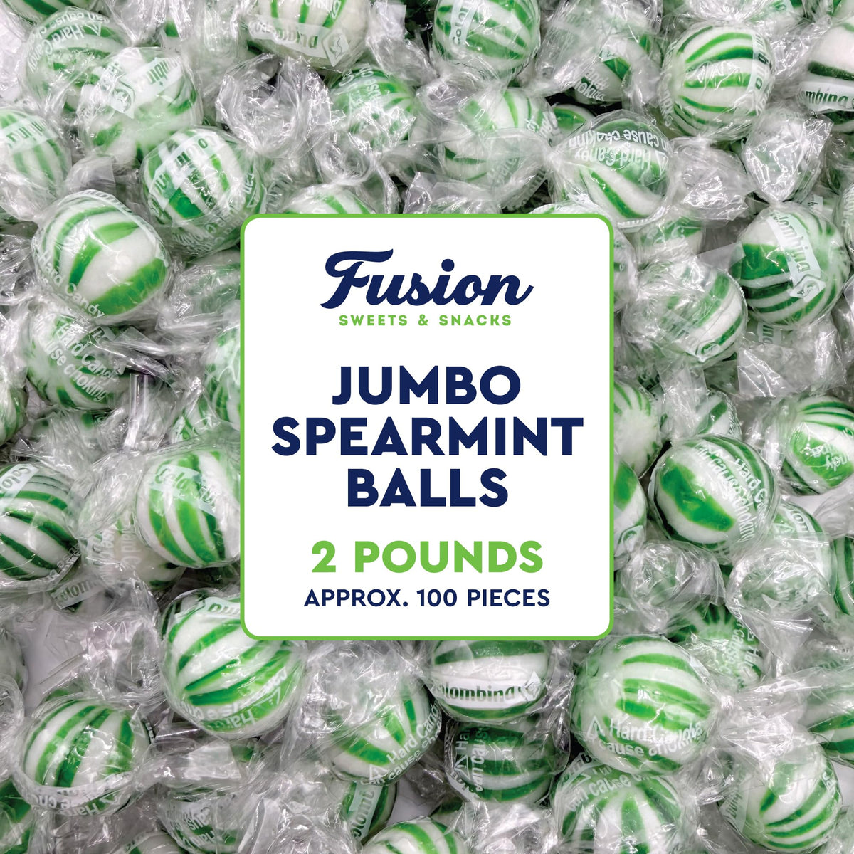 Fusion Sweets jumbo spearmint balls front pack shows bold mint flavor for gift-ready display.