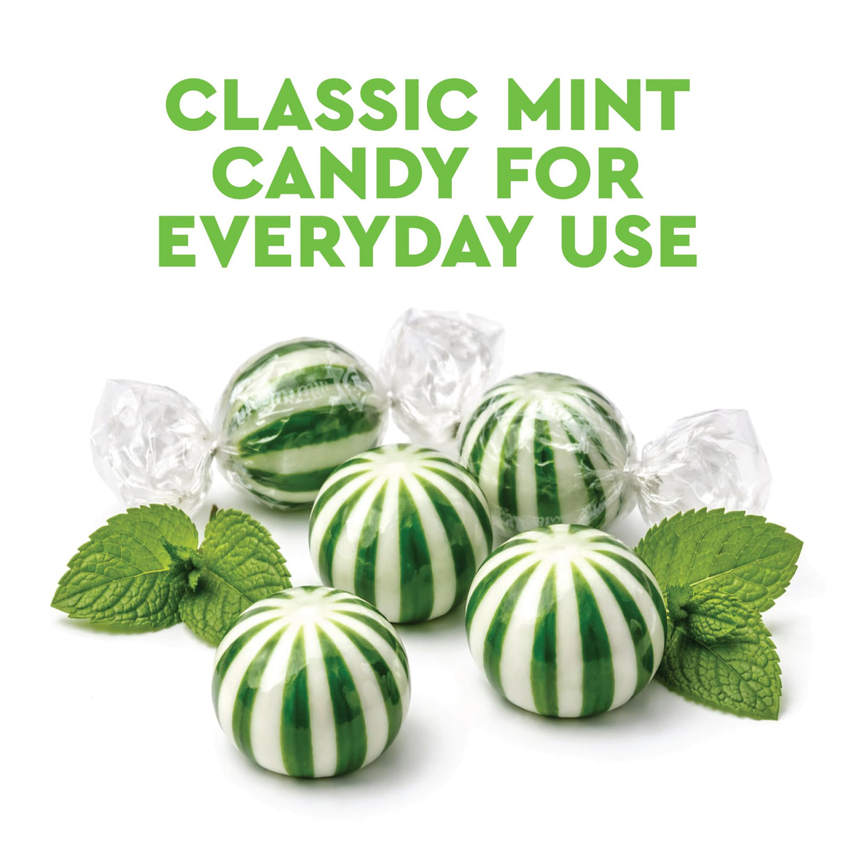 Fusion Sweets jumbo spearmint balls sit beside bowls for easy snacking.