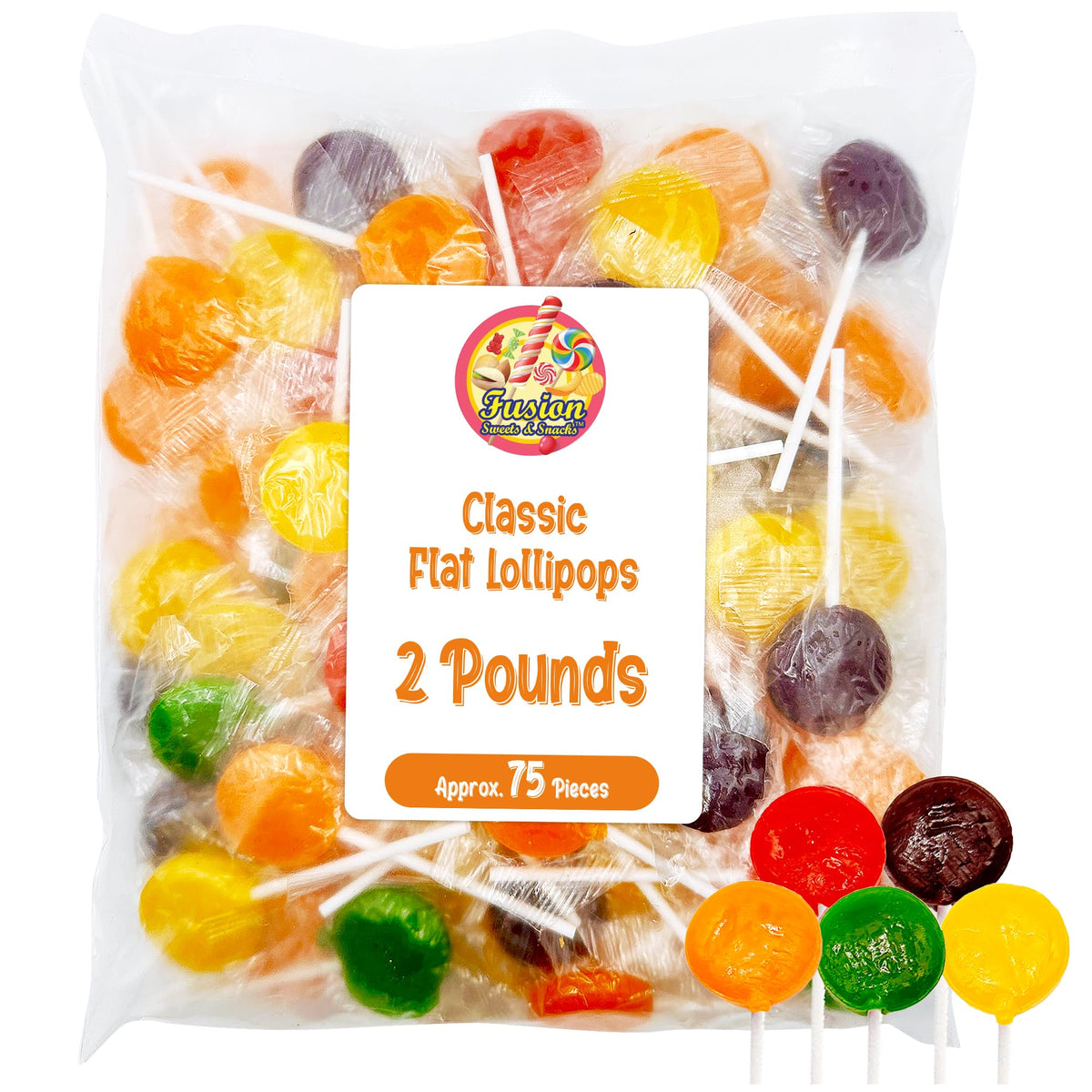 Fusion Sweets Lollipops Five Flavors showcased in a colorful bulk display.
