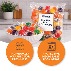 Fusion Sweets Lollipops Heat-Sealed Bag preserves fruity flavor until the last bite.