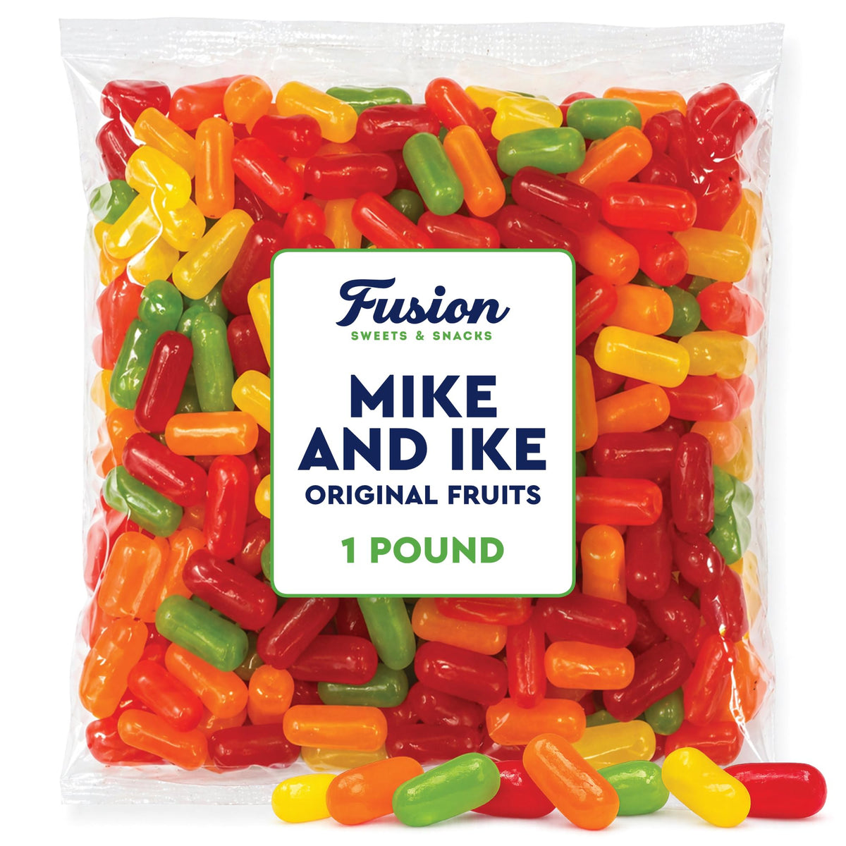 Mike and Ike bulk bag back, preserves freshness with heat-sealed packaging.