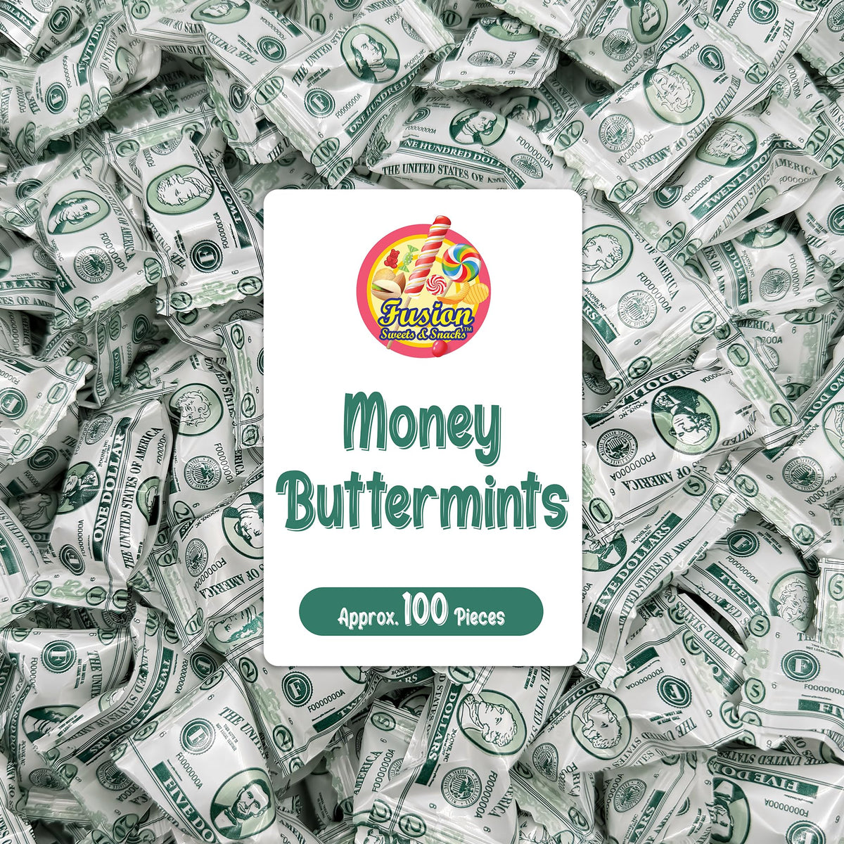 Fusion Sweets Money Buttermints front-label display for upscale party favors