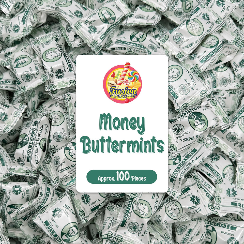 Fusion Sweets Money Buttermints front-label display for upscale party favors