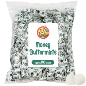 Fusion Sweets Money Buttermints open packaging with visible coins, ideal for casino-themed events