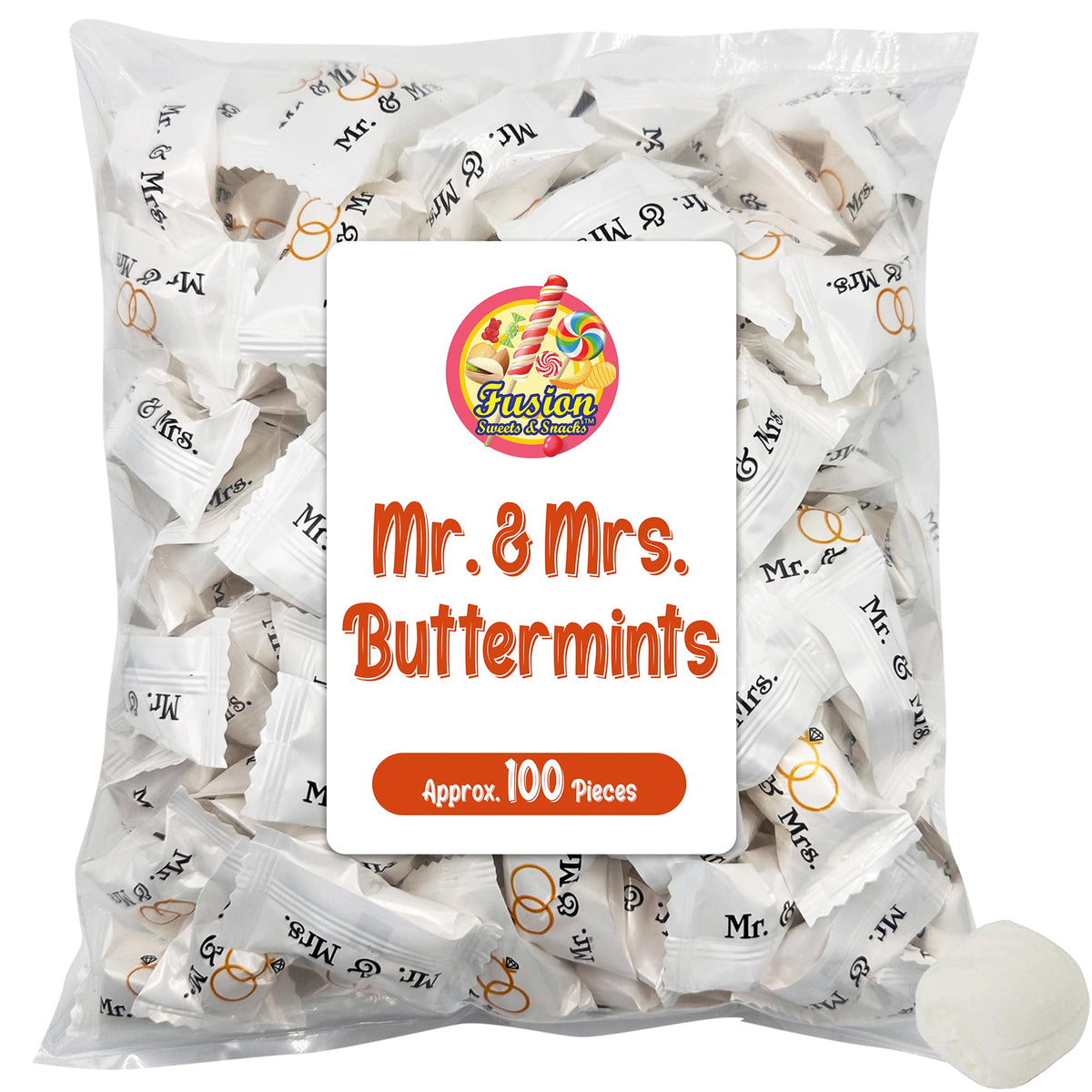 Fusion Sweets Mr. & Mrs. Buttermints bulk packaging preserves freshness for guests.