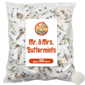 Fusion Sweets Mr. & Mrs. Buttermints bulk packaging preserves freshness for guests.