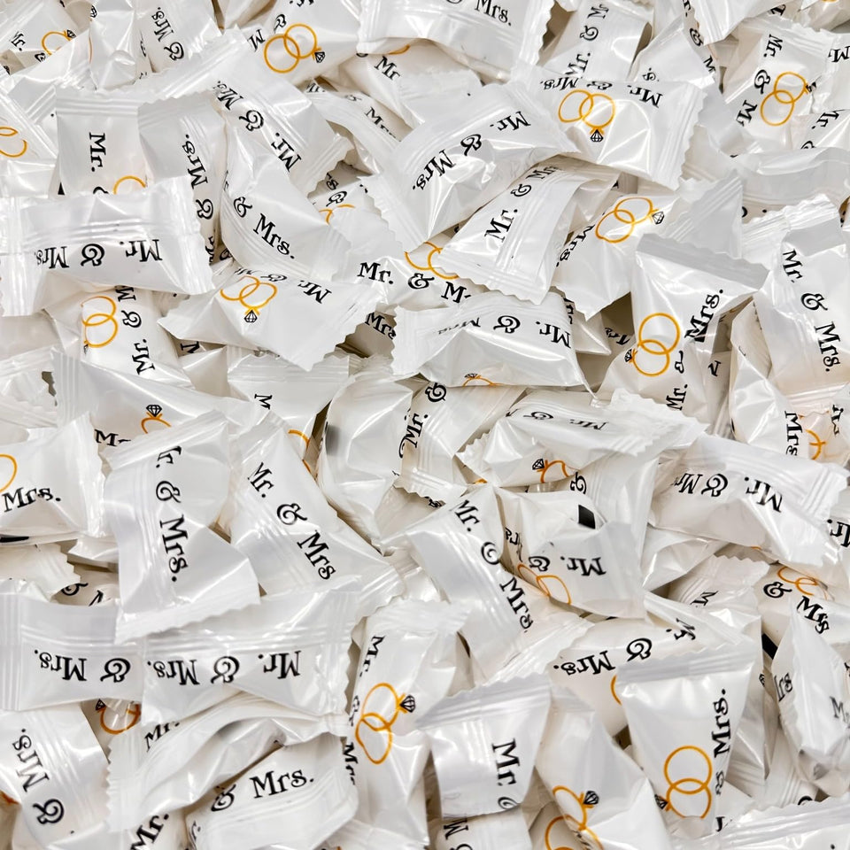 Fusion Sweets Mr. & Mrs. Buttermints foil wrap for elegant wedding favors.
