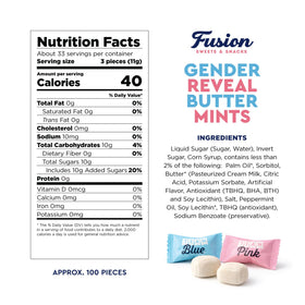 Party favors on a table featuring pink and blue Fusion Sweets buttermints