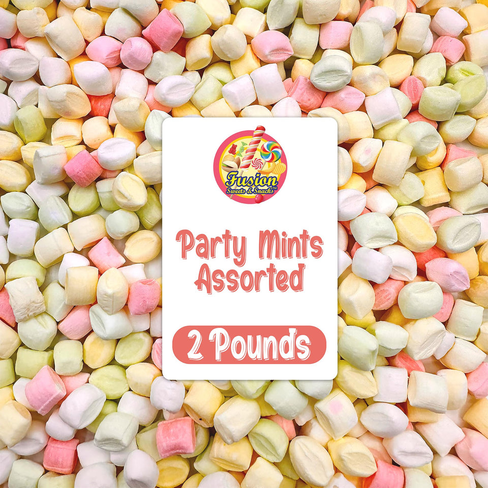 Fusion Sweets Party Mints pastel cubes in a dish for elegant wedding favors.