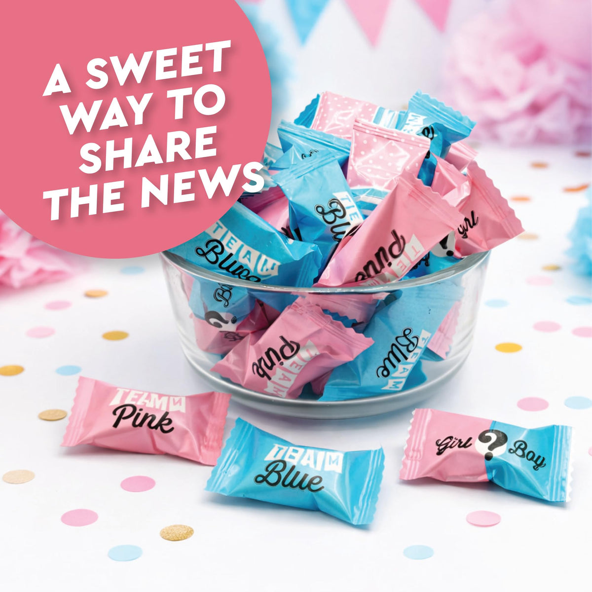 Showers table with pink and blue Fusion Sweets candy accents