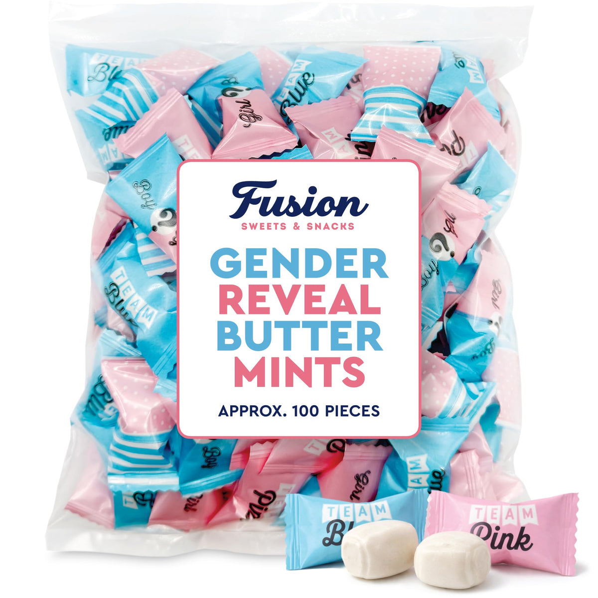 Pink and blue wrappers highlight gender reveal theme for Fusion Sweets buttermints