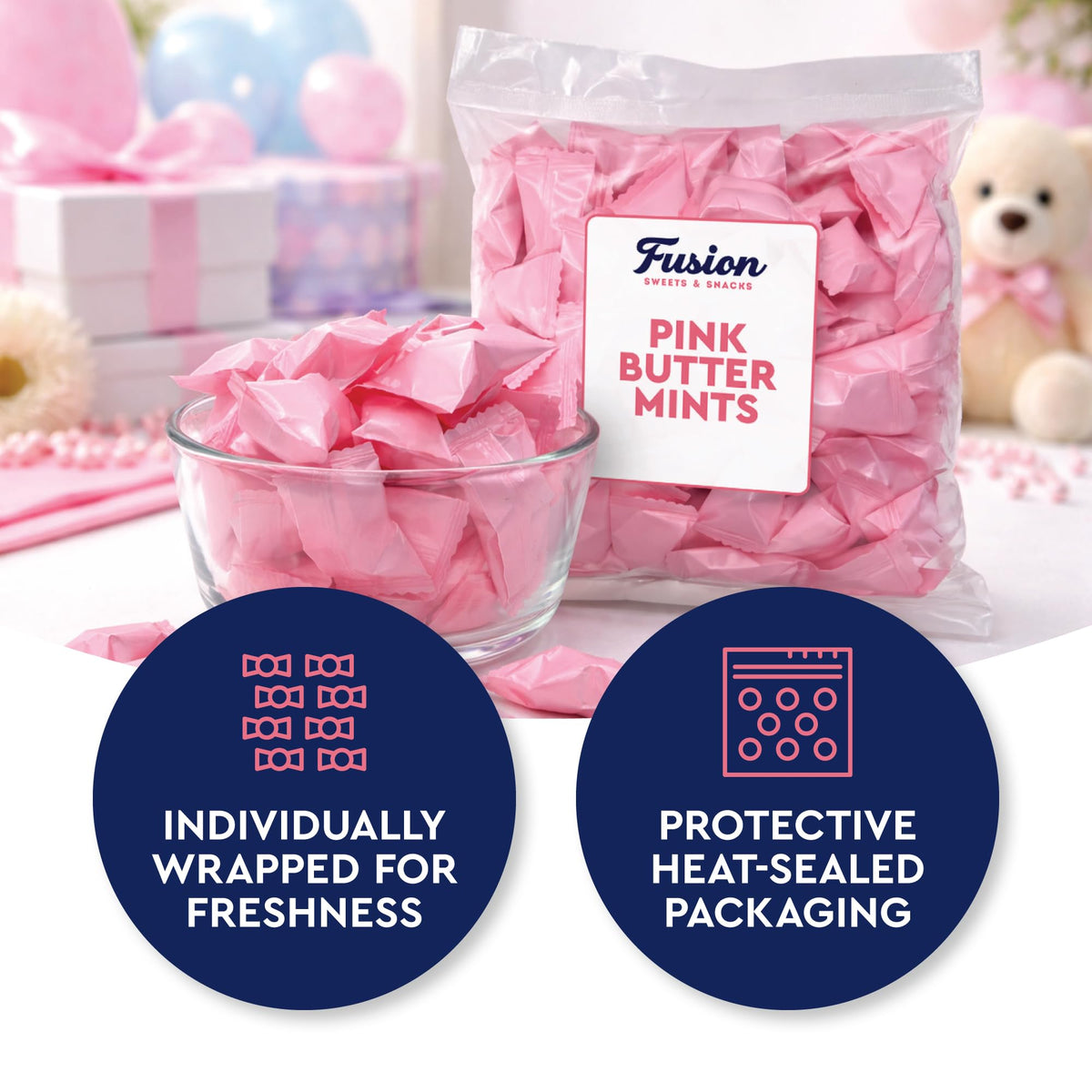 Fusion Sweets pink buttermints on dessert-table, adding soft color and creamy flavor to celebrations.