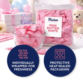 Fusion Sweets pink buttermints on dessert-table, adding soft color and creamy flavor to celebrations.