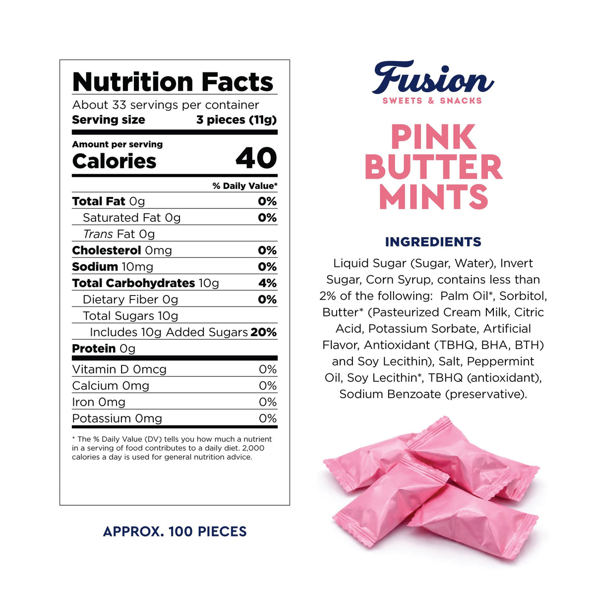 Fusion Sweets pink buttermints with girl-theme styling, enhancing baby shower decor and favors.