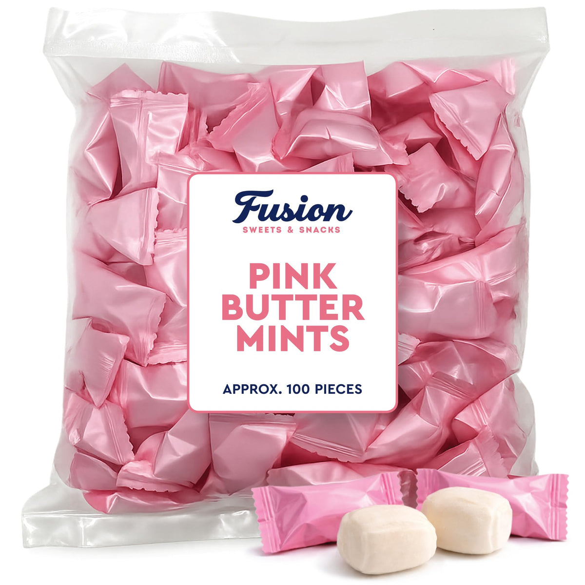 Fusion Sweets pink buttermints packaging shot, perfect for keeping fresh and showcasing party favors.