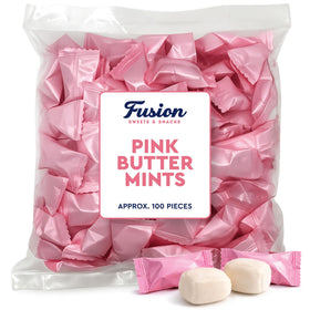 Fusion Sweets pink buttermints packaging shot, perfect for keeping fresh and showcasing party favors.