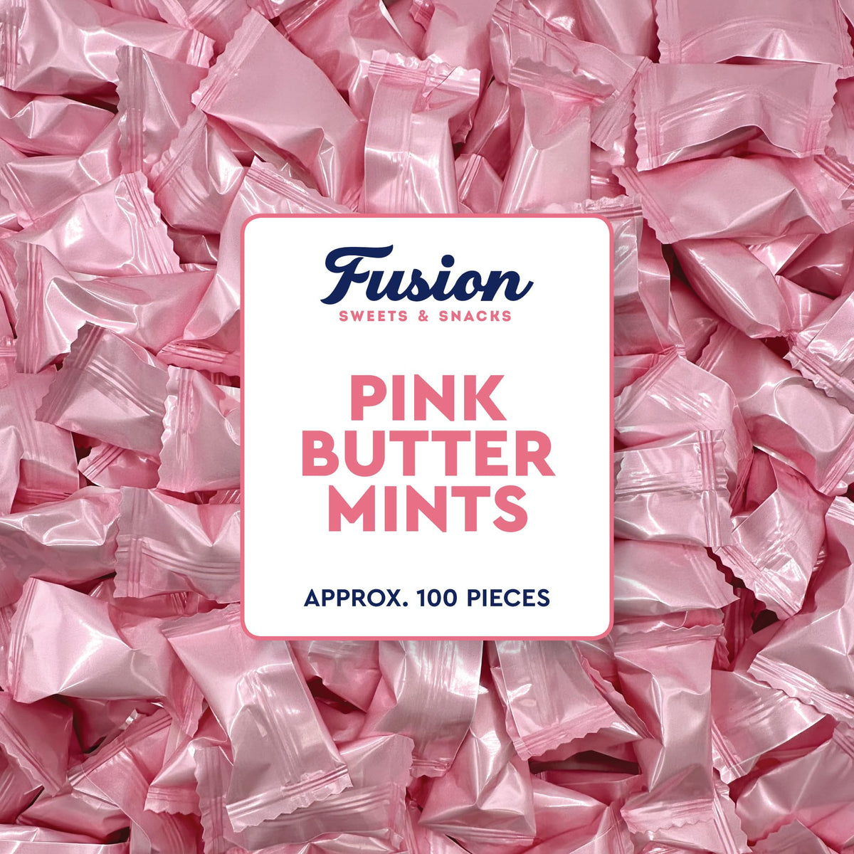 Fusion Sweets pink buttermints wrapper close-up, ideal for elegant baby shower dessert-table displays.
