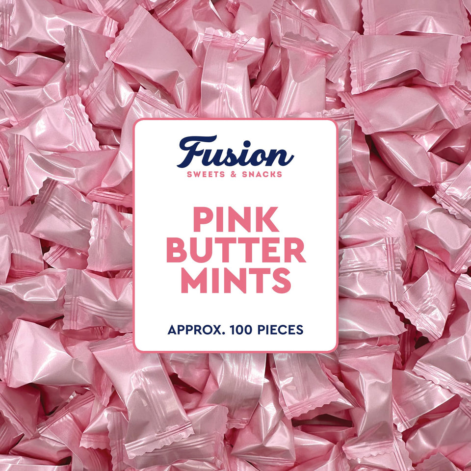 Fusion Sweets pink buttermints wrapper close-up, ideal for elegant baby shower dessert-table displays.