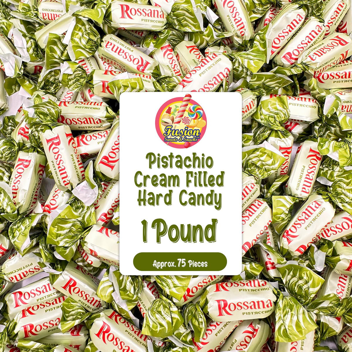 Fusion Sweets And Snacks Rossana Pistachio Candy 1lb bag—perfect for gifting and sharing.