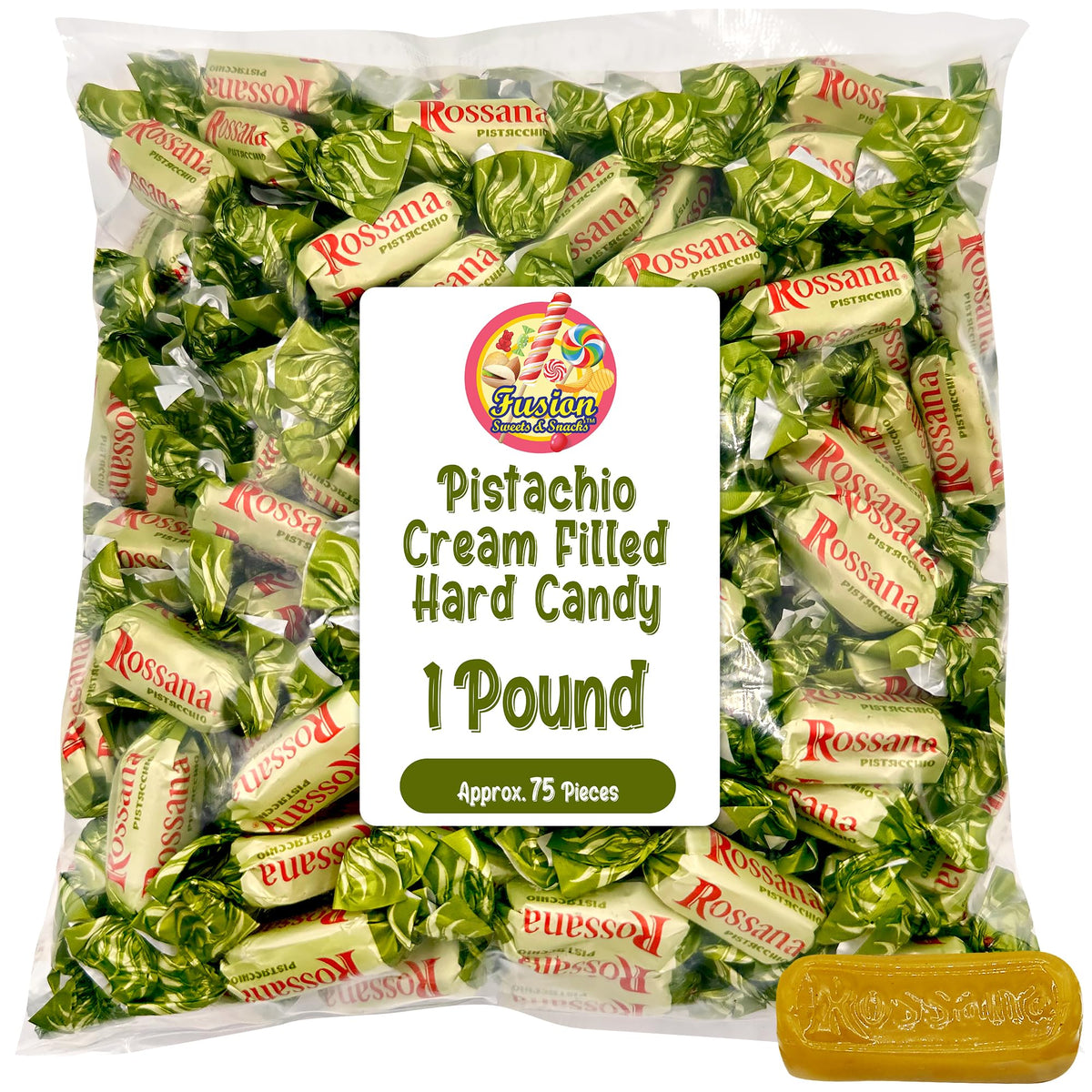 Rossana Pistachio Candy piece unwrapped, showing creamy pistachio center.